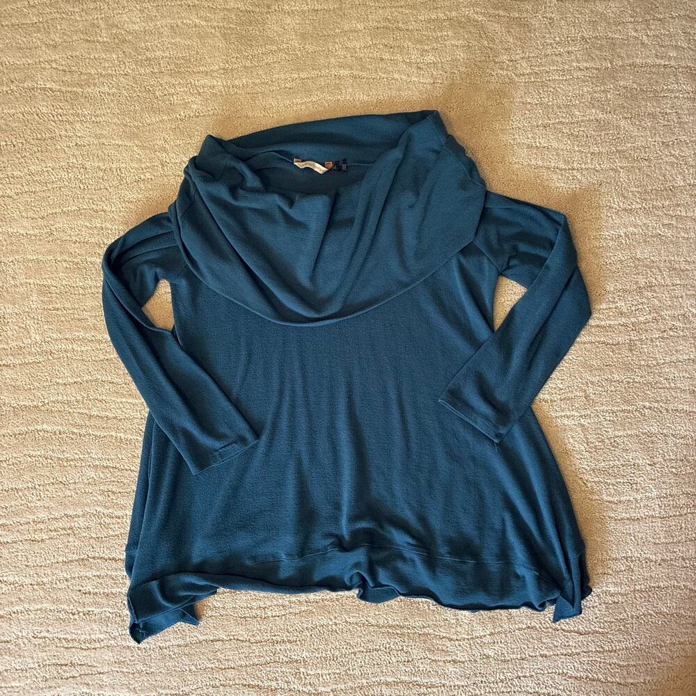 Soft Surroundings XL Blue Draped Cowl Neck Relaxed Aysemetrical Hem Tunic Top